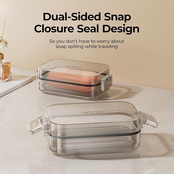 MOPMS Travel Soap Case, Leakproof with Clasps & Silicone Seal for Traveling | Soap Holder Travel Case with Drain Tray for Gym, Bathroom, Portable Travel Soap Container Fits Most Soaps, Durable PC, Grey