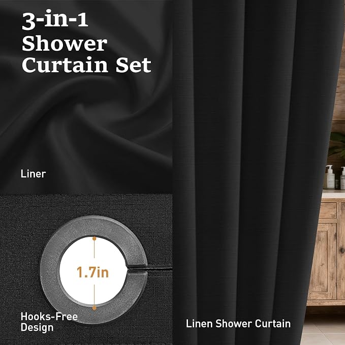 Black Ringless Linen Textured Shower Curtain with Snap in Liner, 72x75 | 3 in 1 Hotel Shower Curtain Set, Removable Liner, Waterproof & Washable, Mesh Top Window, Durable Fabric, Easy to Install