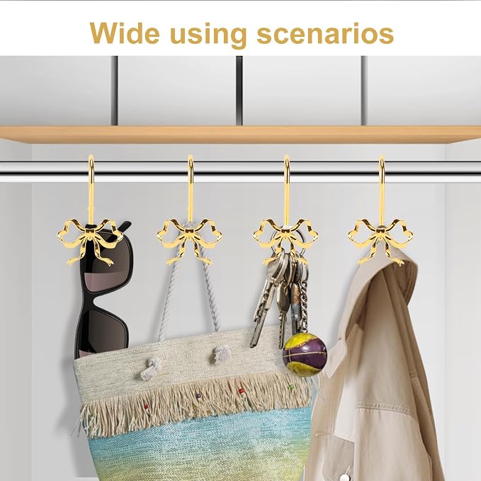 Bow Shower Curtain Hooks, 12-Pack Gold Metal Decorative Bow Knot Rings | Rust-resistant metal rings with gold bow knot accents add decorative charm to bathrooms, guest baths