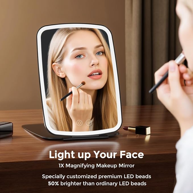 NEZZOE Portable Makeup Mirror, Large Travel Mirror with Light, 10”x7” Black | Foldable Makeup Mirror, 2000mAh Rechargeable Battery, 3 LED Lighting Modes, Magnetic Closure