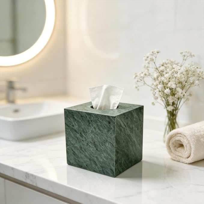 Marble Tissue Box Holder Cover with Open Bottom for Bathroom | Square Cube Polished Surface Tissue Box Holder for Bedroom Dressers, Kitchen Countertop, Indian Green