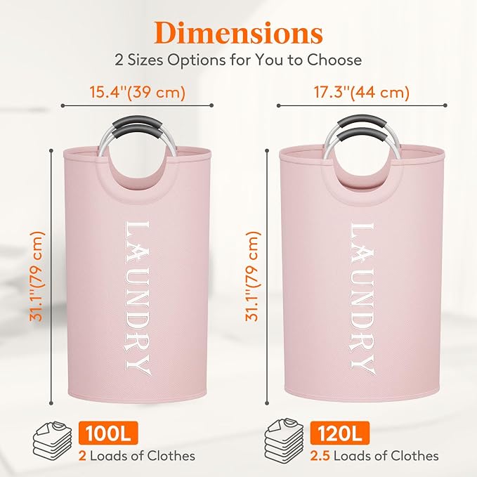 Lifewit 2 Pack 100L Laundry Basket with Aluminum Handles, Pink | Collapsible Large Laundry Hamper, Waterproof Fabric, Freestanding Dirty Clothes Hampers for Dorm, RV, Bedroom, Laundry Room