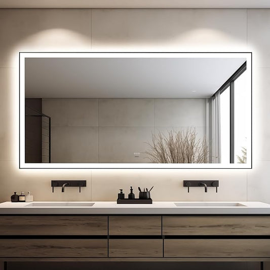 36x72 Inch LED Bathroom Mirror, Front & Backlit | Extra Large Wall Mount Vanity Mirror, Anti-Fog Dimmable 3 Color Temperature Memory Function, Aluminum Frame Tempered Glass