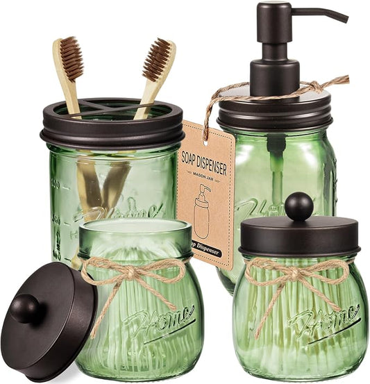 Amolliar Mason Jar Bathroom Accessories Set, 4 Pcs Green Glass Bathroom Set | (Bronze)Lotion Soap Dispenser, 2 Qtip Holders, Toothbrush Holder, Rustic Farmhouse Decor, Bathroom Home Decor For Countertop