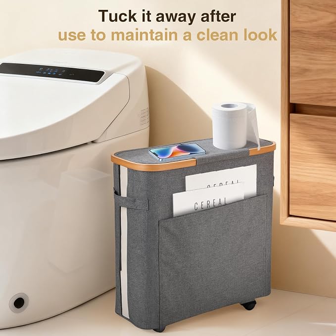Toilet Paper Storage Organizer with Lid, 33L, Holds 16 Rolls (Grey) | Slim Foldable Design, Waterproof, with Lockable Wheels for Mobility, Ideal for Bathroom, Bedroom, Dorm, Laundry Room