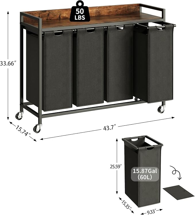 Herture Laundry Hamper with Shelf, Laundry Basket 4 Section, Laundry Sorter with Pull-Out Removable Large Bags and Movable Wheels, Metal Frame, 4 x 15.87 Gallons (60L), Rustic Brown + Black PF07XLY
