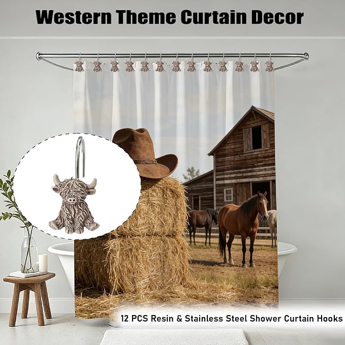 12 Pcs Highland Cow Shower Curtain Hooks for Western Rustic Bathroom Decor | Farmhouse Rings Hangers Rust Resistant Highland Cow Decor for Restroom Vintage Cowboy Bathroom Resin and Stainless Steel Hook