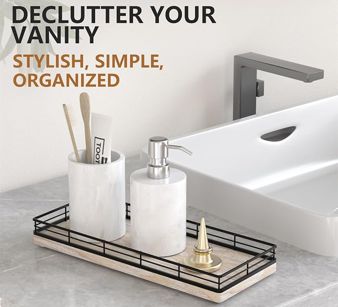 Bathroom Tray for Counter Top Organizer, Ash Wood Vanity Tray | Metal Frame for Dresser, Kitchen & Nightstand, Black & Whitewashed Decorative Storage