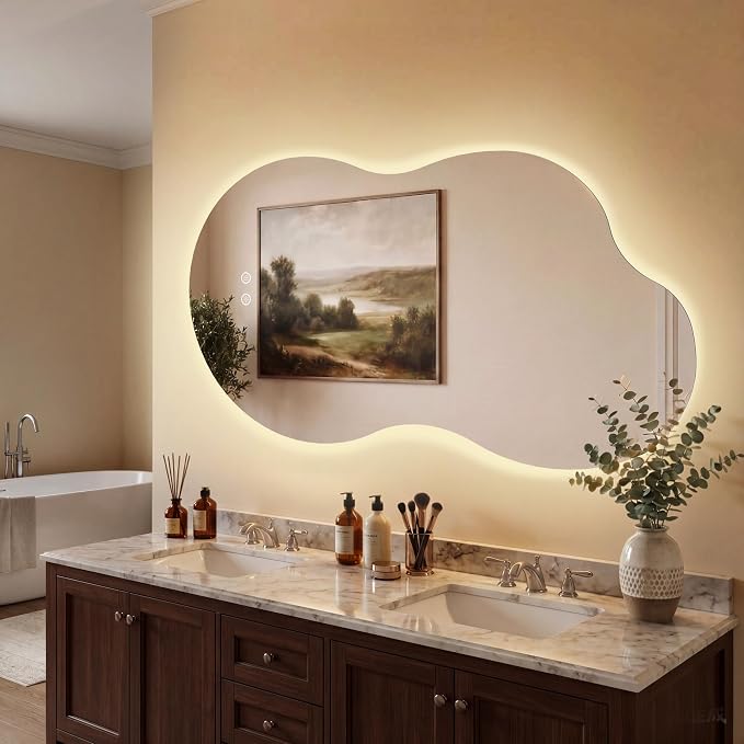 48''x26'' Lighted Mirrors for Bathroom Wall Backlit, Cloud LED Bathroom Mirror Frameless with Lights Anti Fog, Dimmable, 3 Colors,Tempered Glass, Shatter-Proof