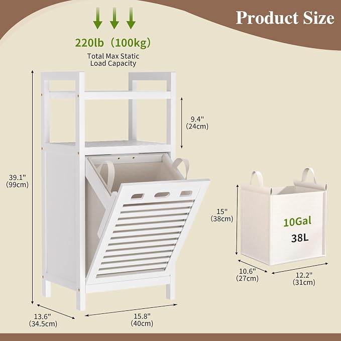 VASMIA Tilt Out Laundry Hamper,Bamboo Laundry Storage Cabinet with Shelf,10 Gal Hidden Laundry Basket Organizer for Bathroom,Laundry Room,White