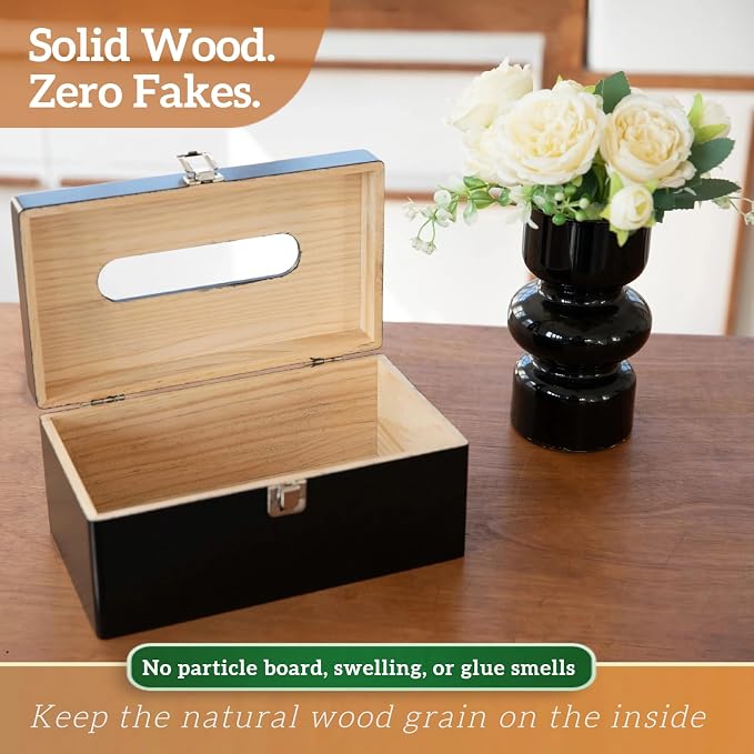 Black Rectangle Tissue Box Cover with Metal Switch, Rectangular Tissue Box Holder with Lid, Solid Wood Countertop Bathroom Accessories, Office Decor, Home Decor for Bathroom Room