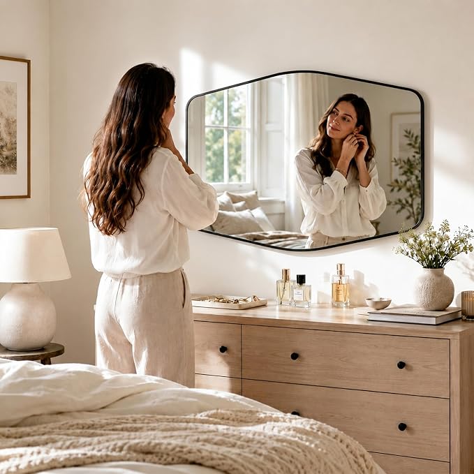 Matte Black Tapered Rectangle Bathroom Mirror, 24x36 Inch | Aluminum alloy frame, tempered glass, two-way keyhole mount, for bedroom, hallway, console