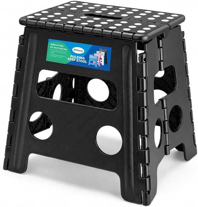 Dyforce Folding Step Stool 13 Inch,300lbs Foldable Stool for Adults & Kids | Stepping Stool Black,Non-Slip Plastic Compact Foot Stool with Carry Handle,Lightweight for Bathroom Kitchen Bedroom Garden