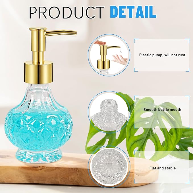 2PCS Glass Hand Soap Dispenser Bathroom with Rust-Proof Pump | Small Crystal Soap Dispenser for Kitchen Dish Soap, Hand Soap, Essential Oil & Lotion