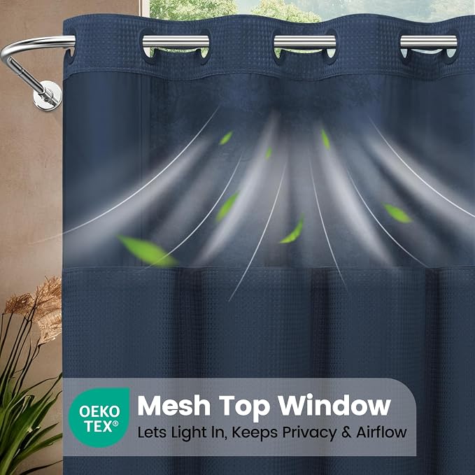 EUTXL Heavyweight No Hook Shower Curtain with Liner, Navy Blue,71x86 | Snap in Liner, 256GSM Thick Waffle Fabric, Hotel Luxury Spa, Corner Magnets, Quick Dry, Waterproof & Washable, Extra Long