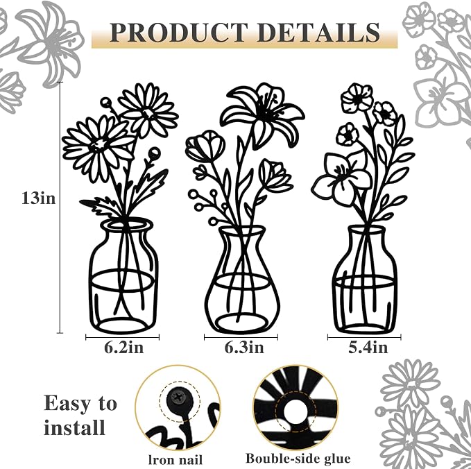 3 Pcs Metal Flowers Wall Arts,Black Metal Vase Wall Art,Iron Art Painting,Rustic Farmhouse Decor Minimalist Flower Decor for Bedroom Bathroom Living Room Dining Room(Black, Vase-A)