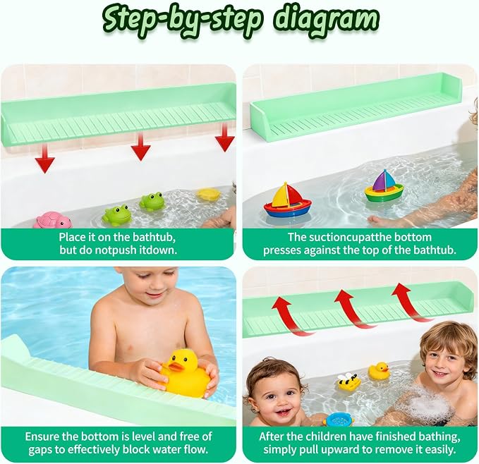 Kids Bathtub Splash Guard, Shelf & Toddler Bath Toy Tray - Green | Bathtub Splash Guard PlayPad Shelf Area with Strong Suction Cups, Bathtub Ledge Guard, Fun Bath Time for Toddlers Baby