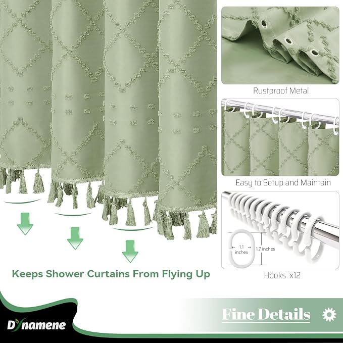 Long Boho Shower Curtain Tufted Geometric 72"x78" Sage Green | 78 Inch Tall, Elegant Tassel, Lightweight Textured Fabric, Water Repellent, Washable, Hotel Spa, for Bathroom/Dorm 12 Hooks