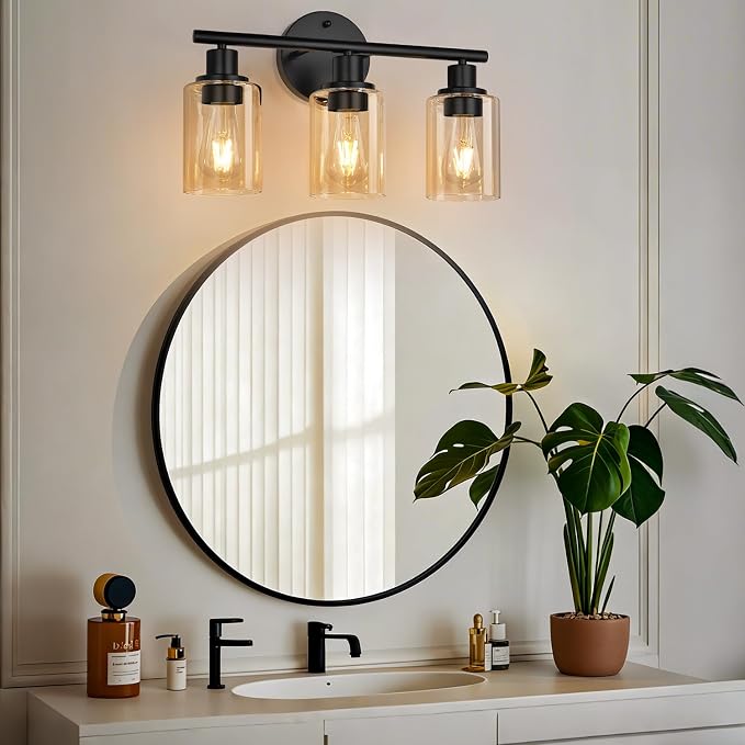 Zarbitta 3-Light Bathroom Light Fixtures, Black Modern Vanity Lights with Amber Glass Shades, Bathroom Wall Lamp for Mirror Kitchen Living Room Hallway Cabinet Porch