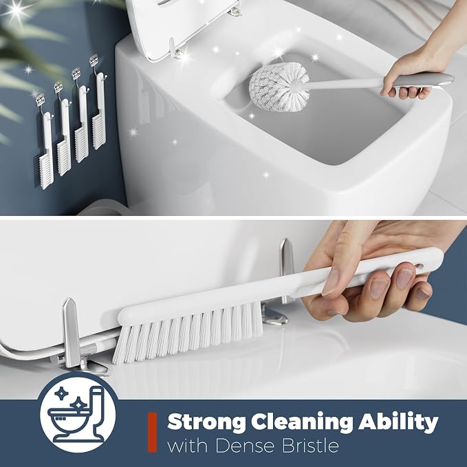 Holaloha Toilet Brush and Holder Set, Space Saving, 4 Pack, White | Bathroom Accessories, Ergonomic Silicone Handle, Dense Bristles, Deep Cleaning, with 4 Crevice Brushes, Compact Design