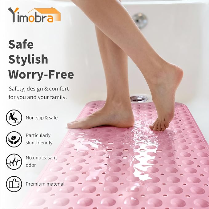 Yimobra Non Slip Bathtub Mat 40 x 16 Inch, Extra Long Shower Mat with Drain Holes, Machine Washable Baby Bath Mats, Strong Suction Cups for Bathroom Floor, Pink