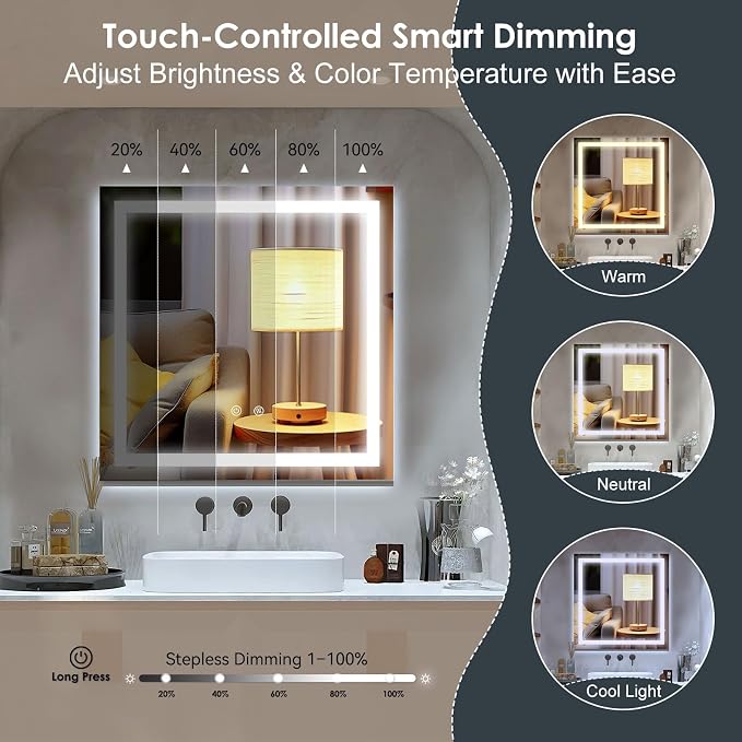LED Lighted Bathroom Mirror Square Vanity Mirror with Light 28"x28" | Stepless Dimmable, 3 Colors (3000K-6000K), Anti-Fog, Wall Mounted, 1 Hour Auto Off, Memory Function, Reinforced Packaging