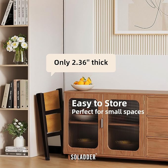 2 Step Ladder, Folding Step Stool, Black & Woodgrain | Wide Anti-Slip Steps and a Foldable, Space-Saving Design for Adults to Use in Kitchens, Closets, Library,300 lbs