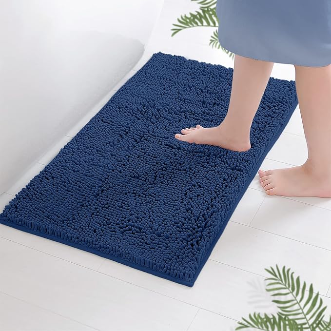 LuxUrux Bath Mat, Extra-Soft Plush Non-Slip Bathroom Rug, Luxury Chenille Microfiber Material, Super Absorbent Shaggy Bath Rug. Machine Wash & Dry (17 x 24 inches, Blue)