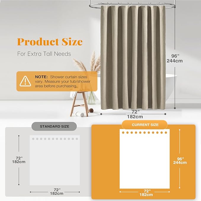 Extra Long Linen Textured Waterproof Shower Curtain, 72x96, Khaki/Tan | Heavy Duty Polyester Cloth, 12 Plastic Hooks, Elegant Drape, Modern Hotel Style, Bathroom Decor, Machine Washable, Quick-dry