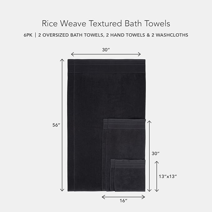 Texere 100% Organic Cotton Rice Weave Jacquard 700 GSM Luxury Bath Towel Sets - Spa Quality Bath Towels, Hand Towels, Washcloths (Rice Weave, Black, 6 Piece)