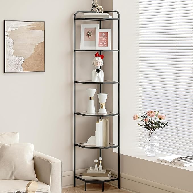 Hzuaneri Corner Shelf Stand, 6-Tier Glass Bookshelf Bookcase, Plant Stand | Bathroom Organizer Steel Frame, Tempered Glass, Modern Style for Living Room, Bathroom, Kitchen, Black CS90600B