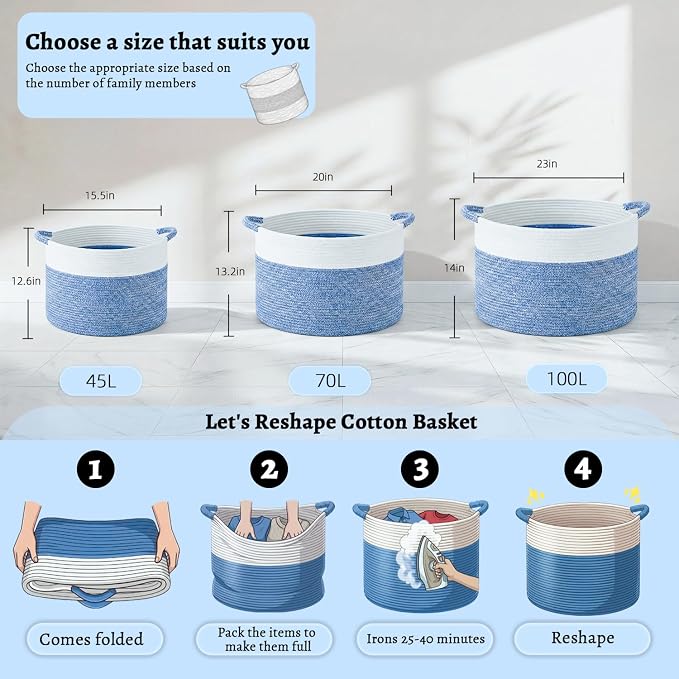 Artfeel 100L Large Cotton Rope Basket, Decorative Woven Blanket Storage for Living Room, Boho Toy Storage & Toy Box for Kids, Versatile Laundry Basket & Nursery Hamper for Blankets(DenimBlue)