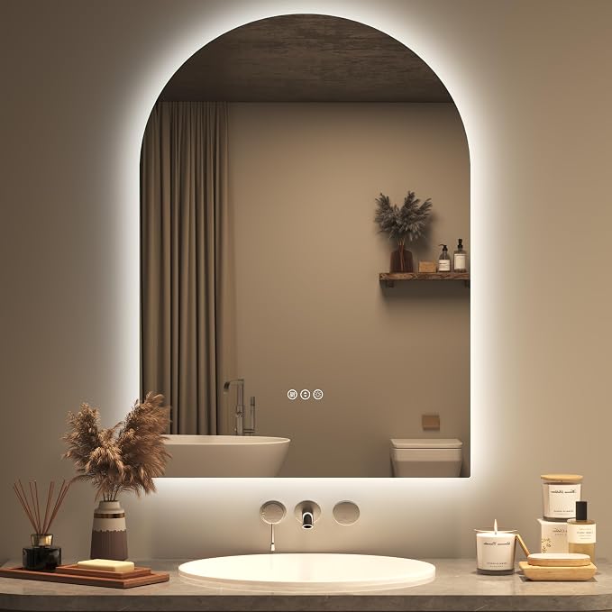 20x28 Inch Backlit Arched LED Mirror for Bathroom | Dimmable Lighted Vanity Mirror for Wall, Anti-Fog, 3 Colors, Tempered Glass, Memory, ETL Listed