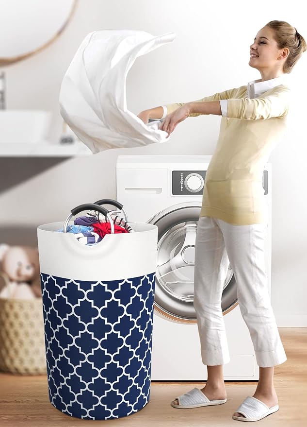 Large Laundry Basket 82L Tall Collapsible Hamper with Handles for Dorm Blue | Freestanding Laundry Hamper, Waterproof Dirty Clothes Storage Bag for College, Bathroom, Foldable Washing Bin for Travel