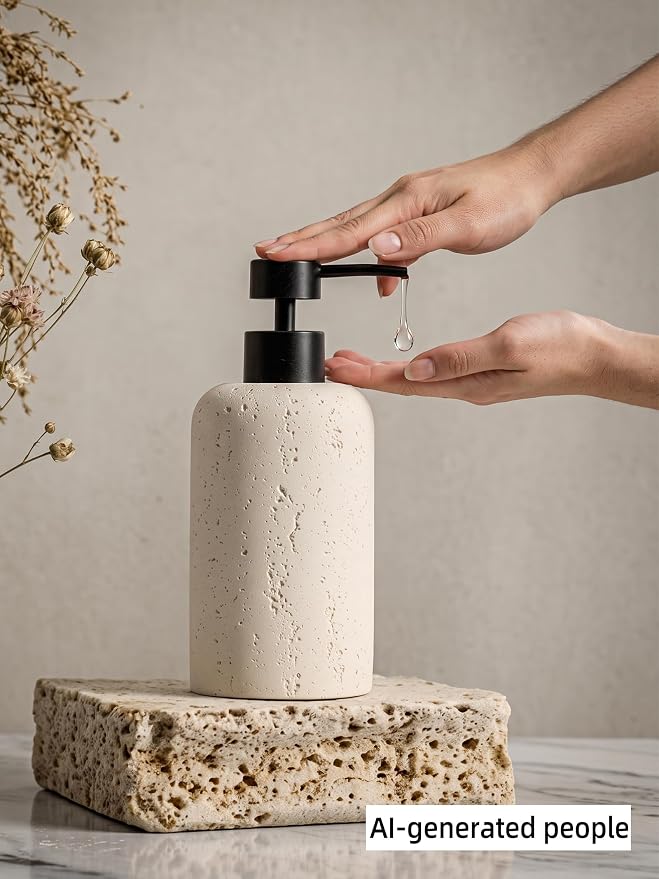2 PCS Hand Soap Dispenser Set, 13.53 OZ, Cream, Faux Travertine | Luxurious,Dish Soap,Lotion,Shampoo and Conditioner Dispenser,Refillable,Rustproof Pump,For Bathroom Countertop Kitchen