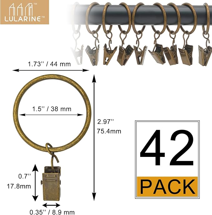 42 Pack Curtain Rings with Clips 1.5" Interior Diameter,Metal Drapery Clips with Rings,Curtain Clips,Strong Vintage Decorative Rustproof Drapery Ring with Hooks for Bathroom,Bedroom(Bronze)