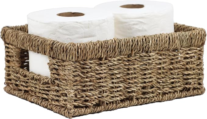 Wicker Baskets, Seagrass Baskets for Organizing, Woven Baskets for Storage | Rectangular Organizer Bins with Handle, Rattan Storage Baskets for Shelves, Small Item Storage, Closet and Bathroom Organizer