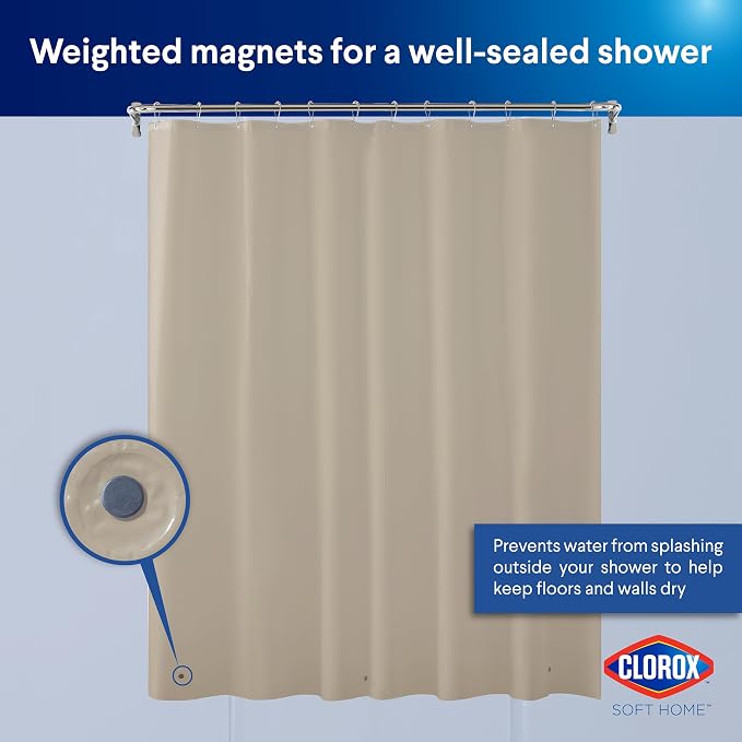 Clorox Shower Curtain Liner, Premium Colored Medium-Weight Durable Waterproof 6g PEVA for Bathroom with Weighted Magnets, Standard Size 72" x 72", Tan