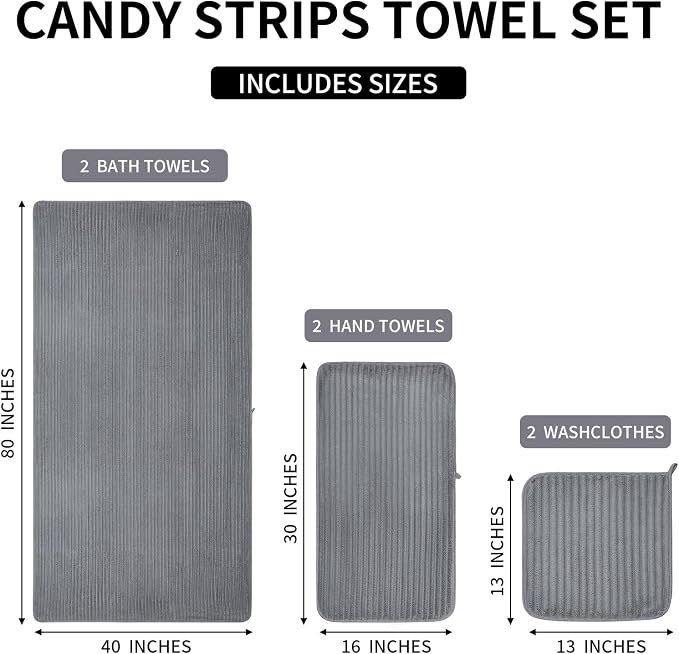 6 Piece Bath Towel Set, 40"x80" Oversized Bath Sheets, Grey | Microfiber, Quick Dry, Highly Absorbent, Towels for Bathroom, 2 Extra Large Bath Towels, 2 Soft Hand Towels, 2 Washcloths