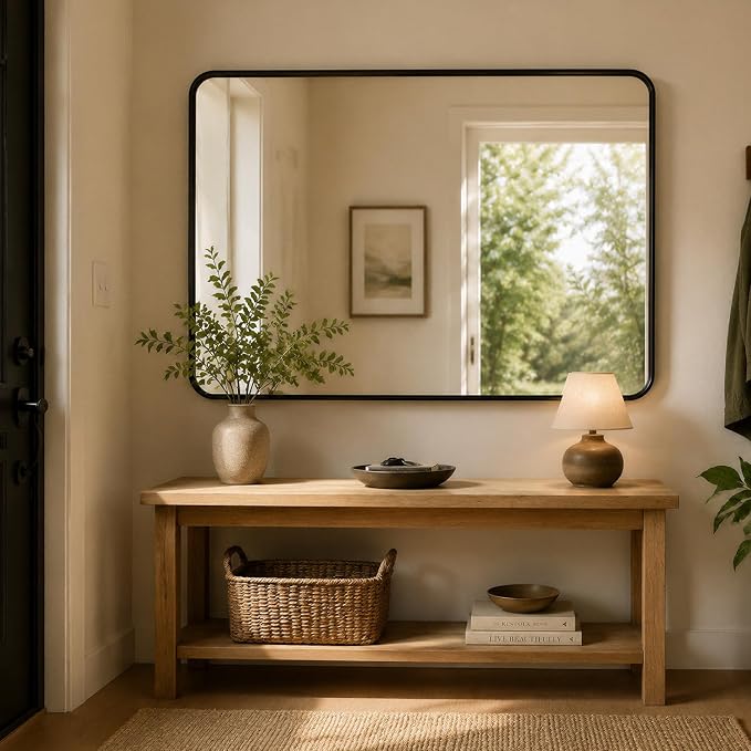 Koonmi Black Bathroom Mirror for Over Sink 22x30 inch | Wall Mirror for Bathroom Matte Rectangle Metal Deep Framed, Shatterproof Tempered Glass, Hang Vertically or Horizontally