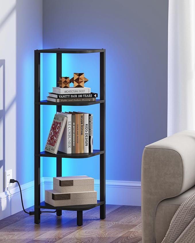 TUTOTAK Corner Shelf, 4-Tier Corner Bookshelf for Small Space | Narrow Display Corner Shelf Stand with Storage Rack, for Living Room, Bedroom, Black BS08BK004L