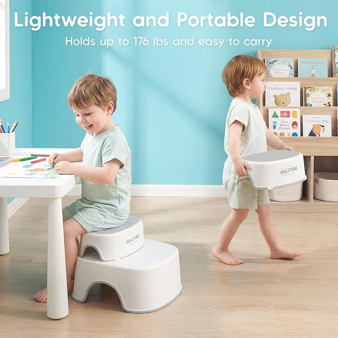 Maliton Potty Training Toilet Seat & Step Stool, 2-in-1 Anti-Slip Grey | Potty Seat + Separate Step Stool, Adjustable Fits More Toilets, Anti-Slip, Sturdy, Splash Guard, Easy clean，Boys & Girls.