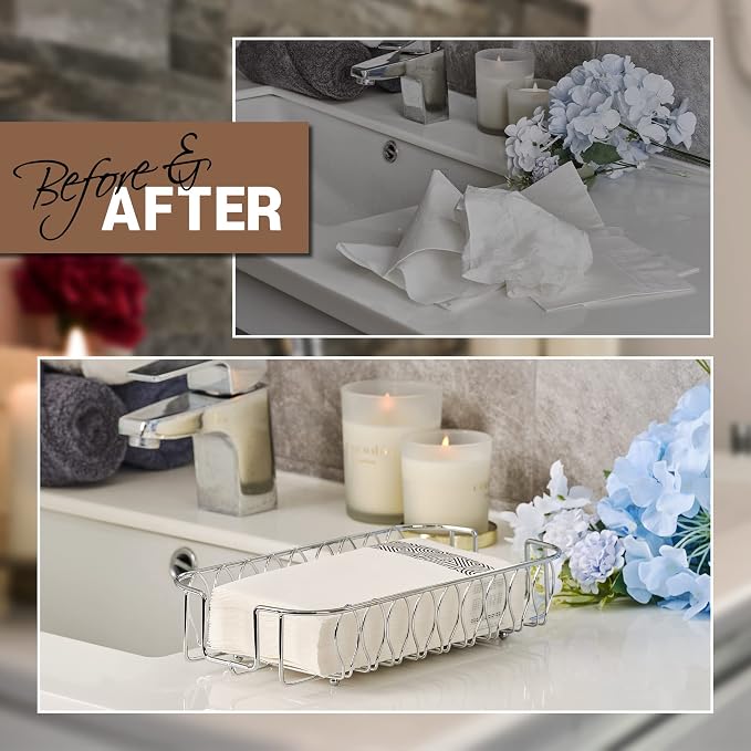 Guest Towel Holder Tray for Bathroom Countertop, Silver Metal | Guest Bathroom, Powder Room & Vanity Use