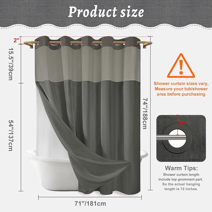 WONICY No Hook Shower Curtain with Liner, Charcoal Grey, 71 x 74 Inch | Ringless, Waterproof & Washable, Hotel Style, Mesh Top Window, Bottom Magnets, Thick, Farmhouse, for Bathroom