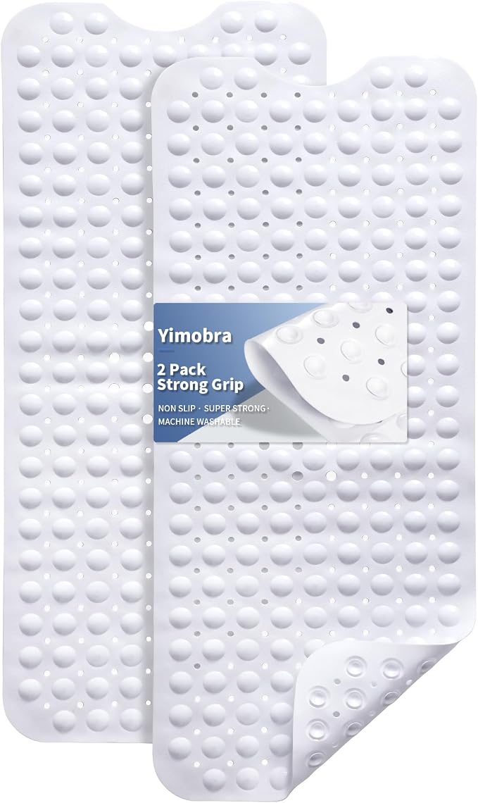 Yimobra 2-Pack Non Slip Bathtub Mat 40 x 16 Inch, Extra Long Shower Mat with Drain Holes, Machine Washable Baby Bath Mats, Strong Suction Cups for Bathroom Floor, White