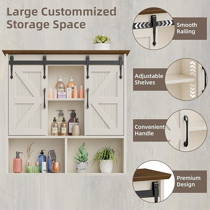 Vabches Bathroom Wall Cabinet, Farmhouse Medicine Cabinet, Rustic White | Wooden Vintage Storage Cabinet Wall Mounted with Double Sliding Barn Door and Adjustable Shelf for Bathroom, Kitchen