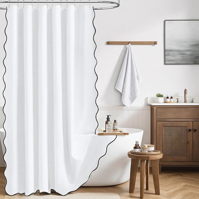 72x78 Boho Scalloped Linen Textured Cloth Shower Curtain Set, White | Long Size, 230GSM Waterproof Polyester, Heavy Duty Fabric, 12 Plastic Hooks, Elegant Modern Farmhouse Style, Machine Washable
