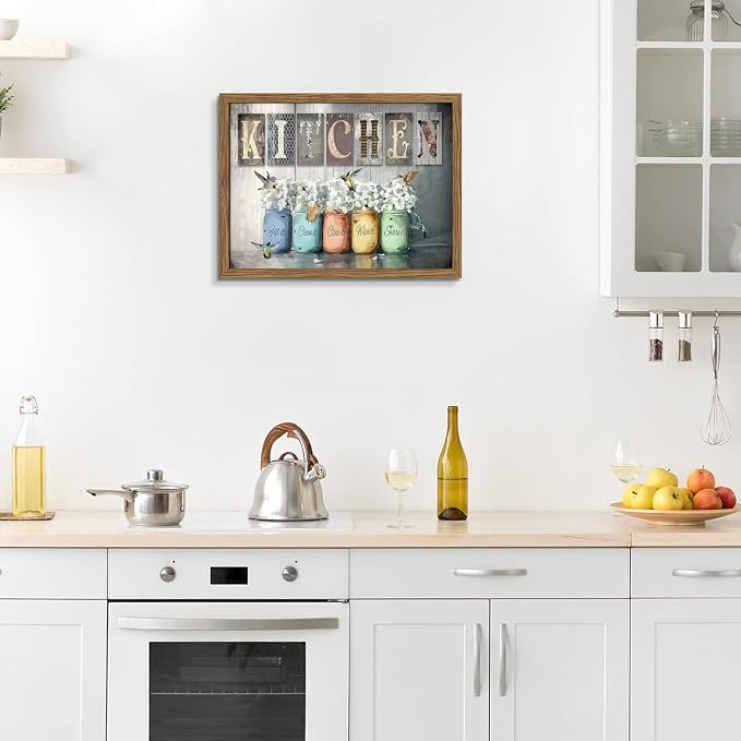 Framed Vintage Kitchen Canvas Wall Art, Retro Letter Signs with Colorful Jars, Florals and Birds Prints, Rustic Farmhouse Wood Grain Poster, Cottagecore Wall Decor for Kitchen Dining Room, 16x24in