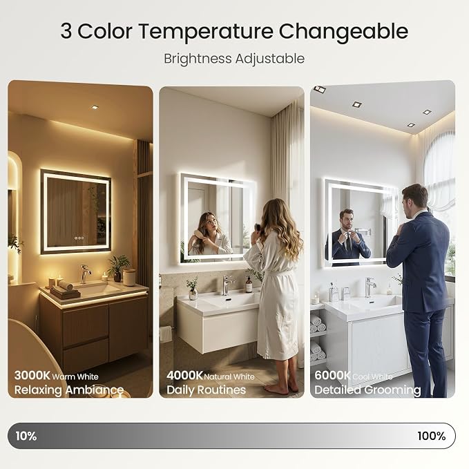 24x30 LED Bathroom Mirror with Lights, Dual Lit, Anti-Fog, Memory | Dimmable 3 Color CRI 90+ for True-to-life Color Accuracy Tempered Glass Horizontal/Vertical Wall Mount for Bathroom Vanity