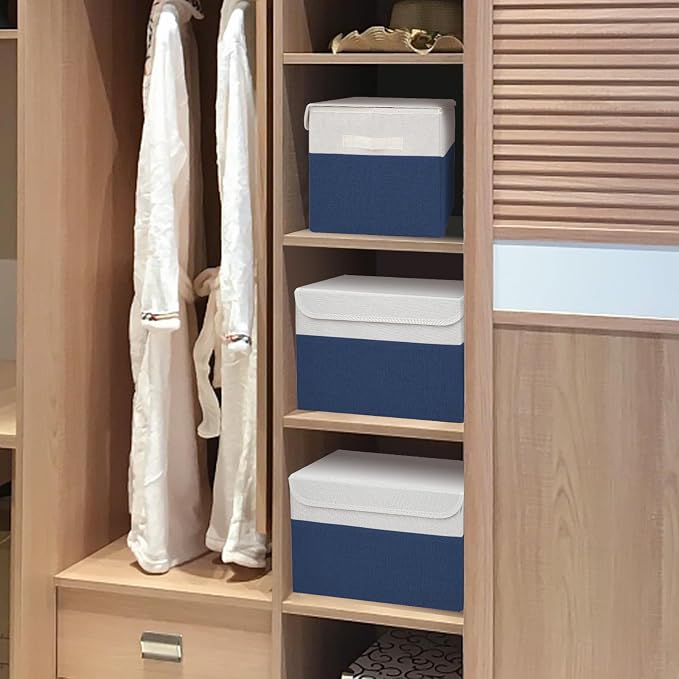 Large 42 Quarts Fabric Storage Bins with Lids [2-Pack] Linen Collapsible Foldable Baskets, Closet Organizer Containers boxes with Handles for Home Office (16.7 x 12 x 12, Navy Blue & White)